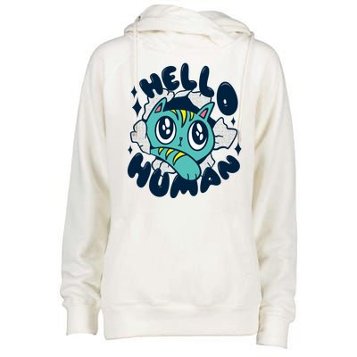 Hello Human Cat Womens Funnel Neck Pullover Hood