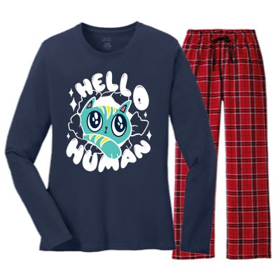 Hello Human Cat Women's Long Sleeve Flannel Pajama Set 