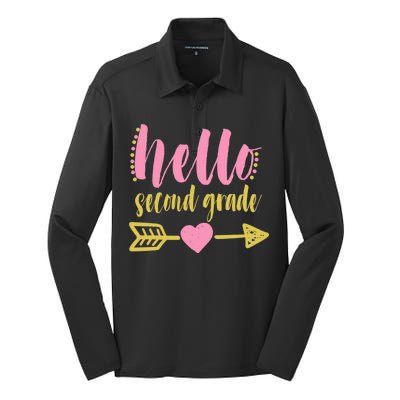 Hello Second Grade Cute Elementary School Silk Touch Performance Long Sleeve Polo