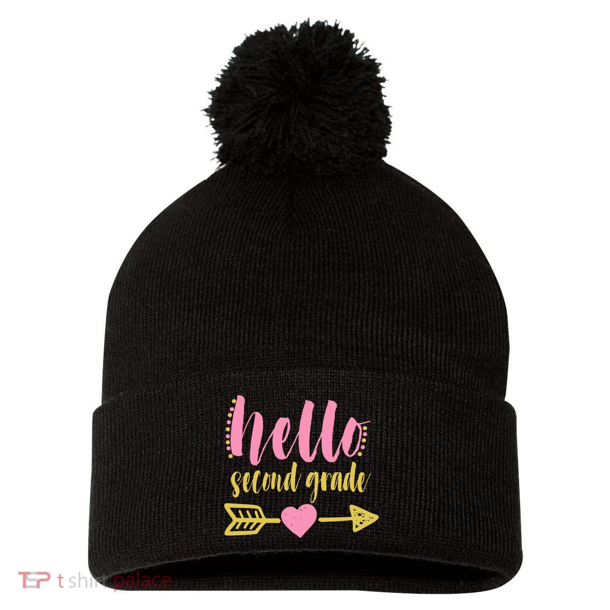 Hello Second Grade Cute Elementary School Pom Pom 12in Knit Beanie