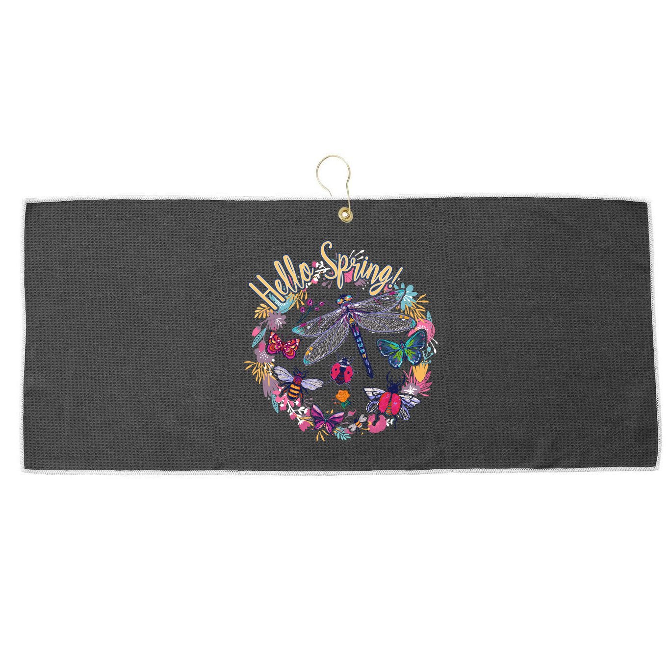 Hello Spring Floral Bugs Large Microfiber Waffle Golf Towel