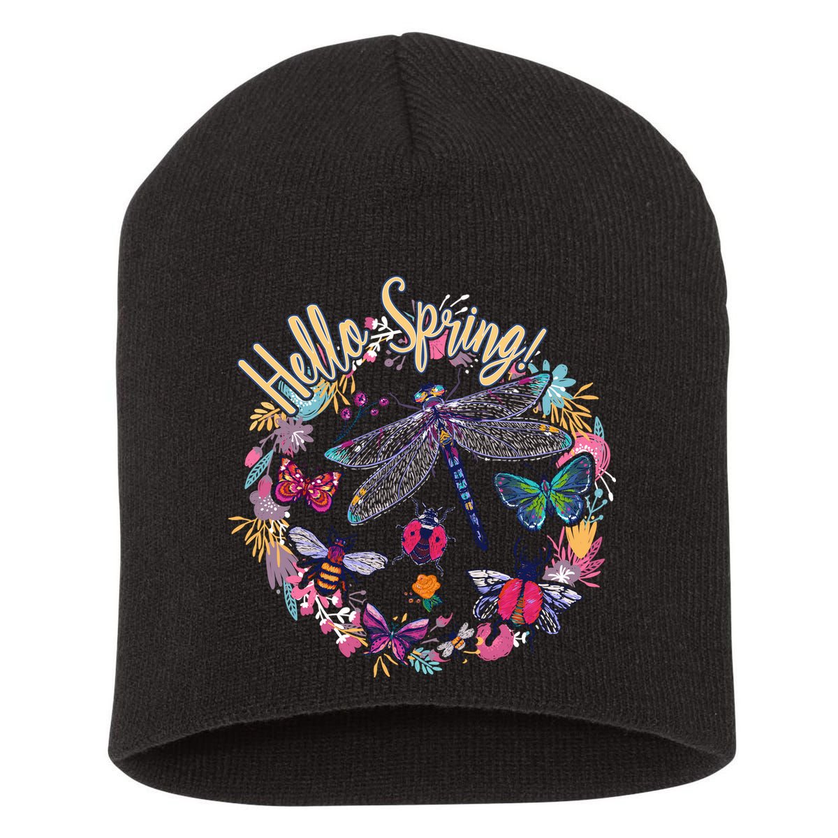 Hello Spring Floral Bugs Short Acrylic Beanie