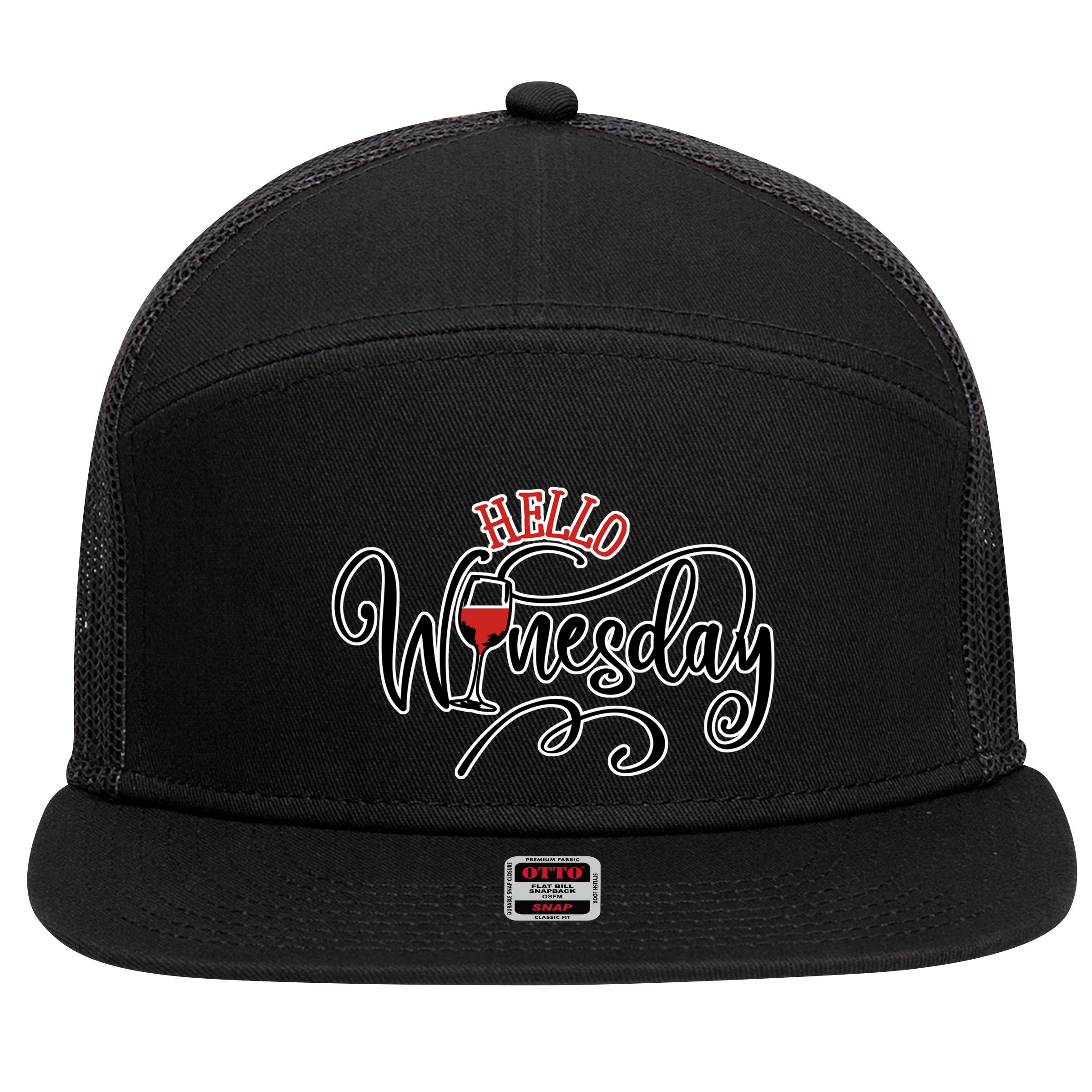 Hello Wednesday Wine 7 Panel Mesh Trucker Snapback Hat