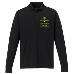 Help Bees Plant Trees Clean The Seas Performance Long Sleeve Polo