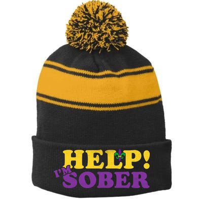 Help Me I'm Sober Mardi Gras Stripe Pom Pom Beanie