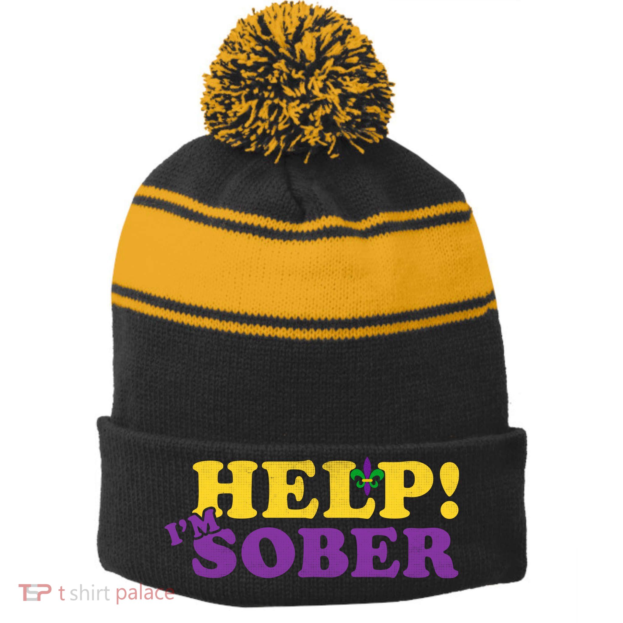 Help Me I'm Sober Mardi Gras Stripe Pom Pom Beanie