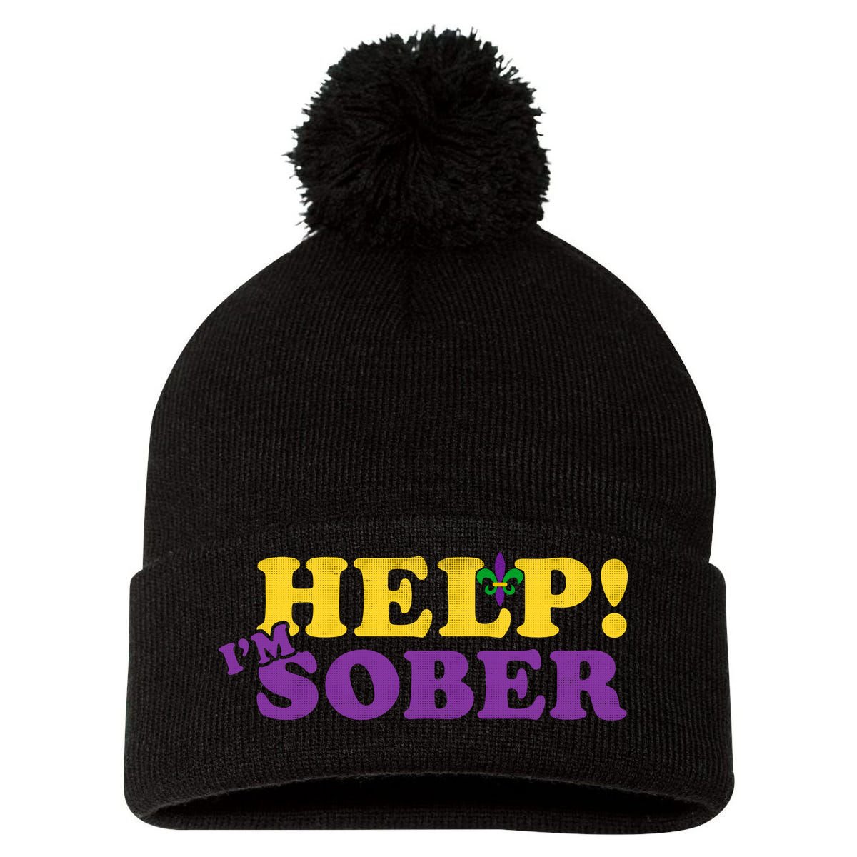 Help Me I'm Sober Mardi Gras Pom Pom 12in Knit Beanie