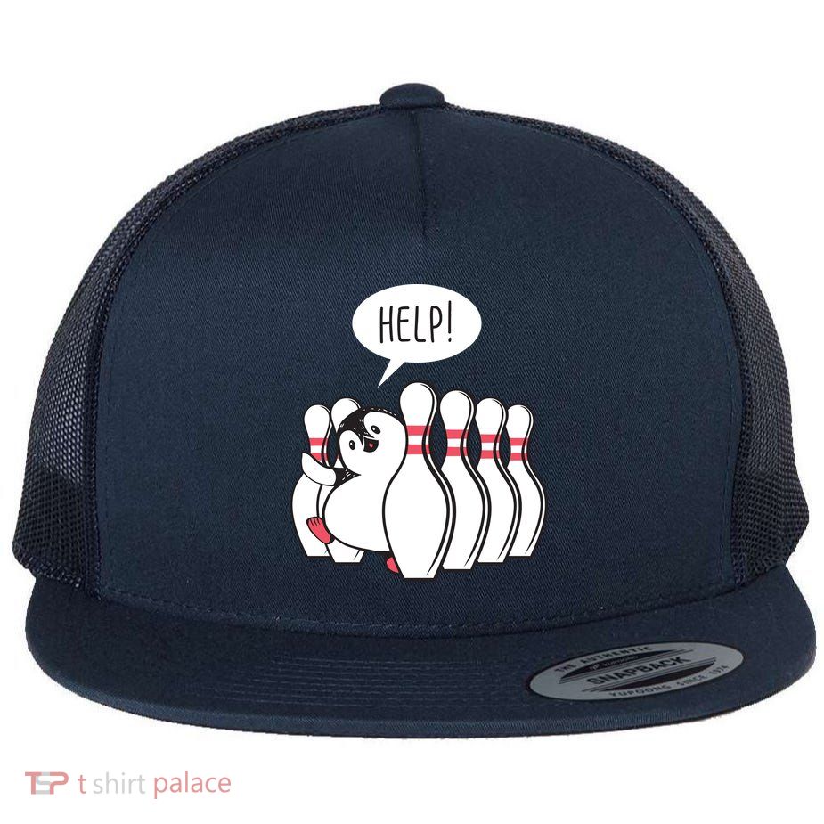 Help Penguin Bowling Pin Flat Bill Trucker Hat