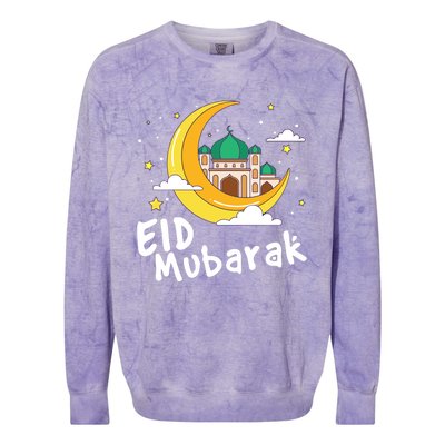 Happy Eid Mubarak Calligraphy With Mosque And Eid Crescent Gift Colorblast Crewneck Sweatshirt