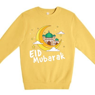 Happy Eid Mubarak Calligraphy With Mosque And Eid Crescent Gift Premium Crewneck Sweatshirt