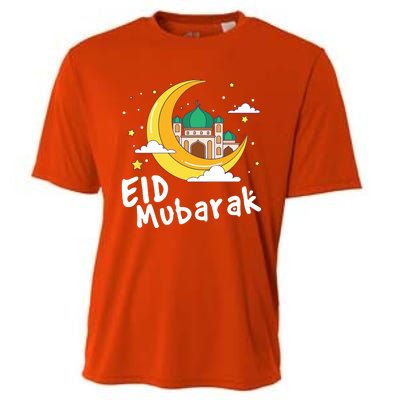 Happy Eid Mubarak Calligraphy With Mosque And Eid Crescent Gift Cooling Performance Crew T-Shirt