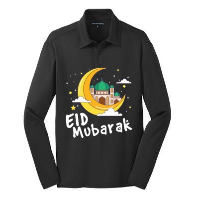 Happy Eid Mubarak Calligraphy With Mosque And Eid Crescent Gift Silk Touch Performance Long Sleeve Polo