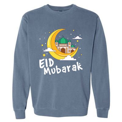 Happy Eid Mubarak Calligraphy With Mosque And Eid Crescent Gift Garment-Dyed Sweatshirt