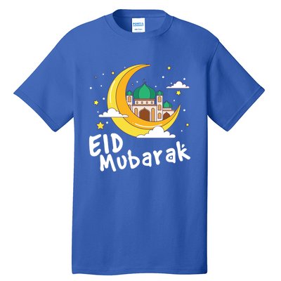 Happy Eid Mubarak Calligraphy With Mosque And Eid Crescent Gift Tall T-Shirt