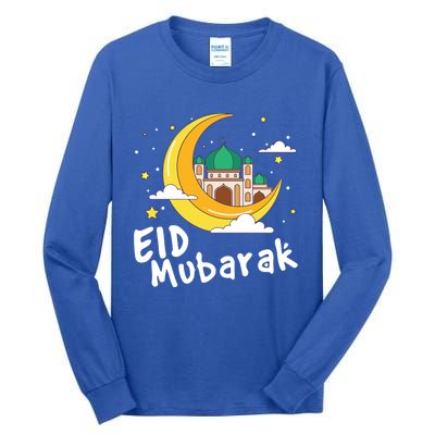 Happy Eid Mubarak Calligraphy With Mosque And Eid Crescent Gift Tall Long Sleeve T-Shirt