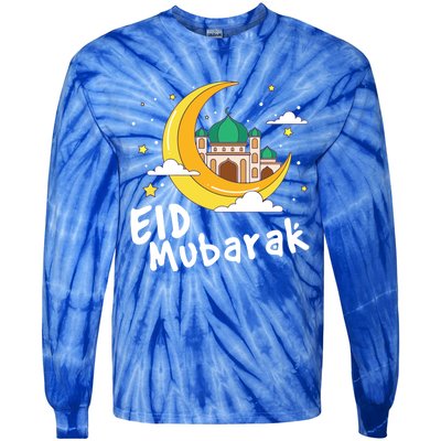 Happy Eid Mubarak Calligraphy With Mosque And Eid Crescent Gift Tie-Dye Long Sleeve Shirt