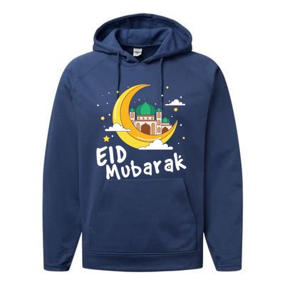 Happy Eid Mubarak Calligraphy With Mosque And Eid Crescent Gift Performance Fleece Hoodie