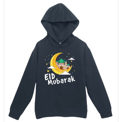 Happy Eid Mubarak Calligraphy With Mosque And Eid Crescent Gift Urban Pullover Hoodie