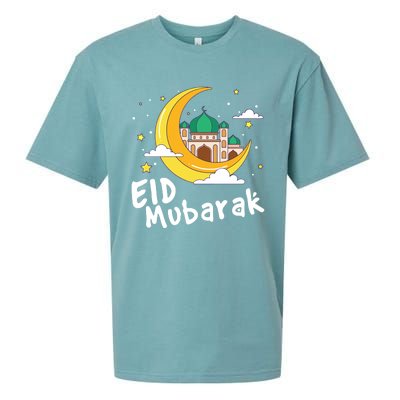 Happy Eid Mubarak Calligraphy With Mosque And Eid Crescent Gift Sueded Cloud Jersey T-Shirt