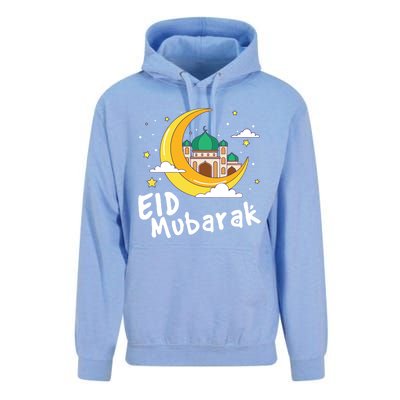 Happy Eid Mubarak Calligraphy With Mosque And Eid Crescent Gift Unisex Surf Hoodie