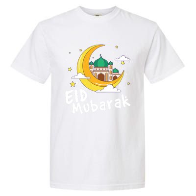 Happy Eid Mubarak Calligraphy With Mosque And Eid Crescent Gift Garment-Dyed Heavyweight T-Shirt