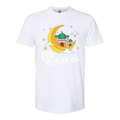 Happy Eid Mubarak Calligraphy With Mosque And Eid Crescent Gift Softstyle CVC T-Shirt