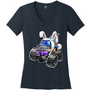 Happy Easter Monster Truck Easter Bunny Costume And Egg Women's V-Neck T-Shirt