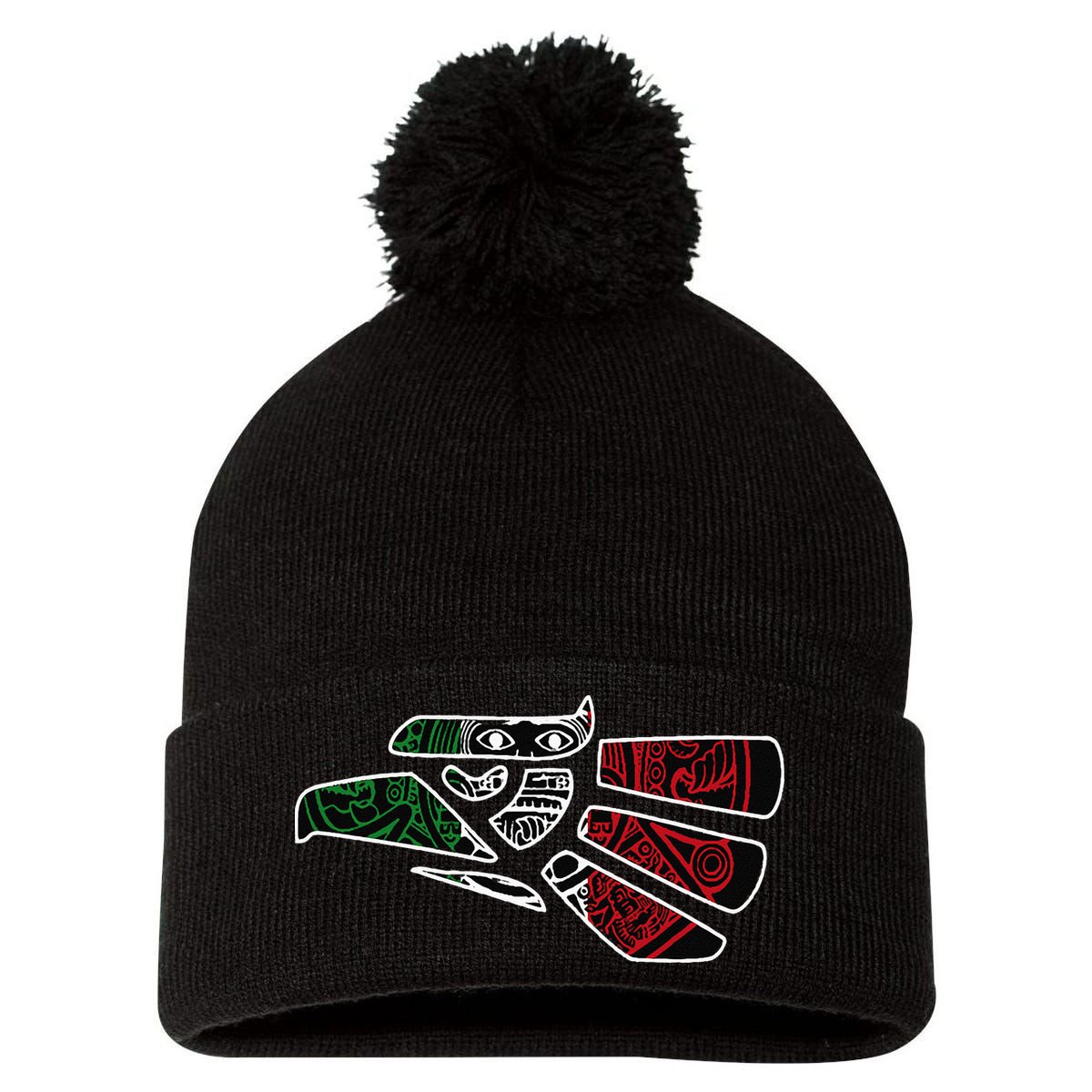 Hecho En Mexico Aztec Calendar Mexican Eagle Pom Pom 12in Knit Beanie