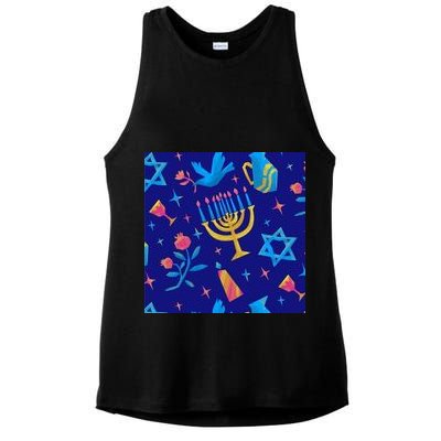 Hanukkah Elements Pattern Ladies PosiCharge Tri-Blend Wicking Tank