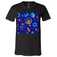Hanukkah Elements Pattern V-Neck T-Shirt
