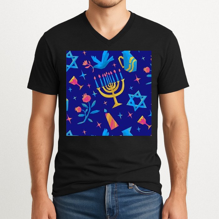 Hanukkah Elements Pattern V-Neck T-Shirt