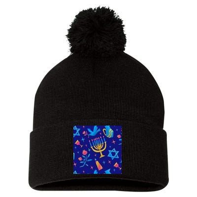 Hanukkah Elements Pattern Pom Pom 12in Knit Beanie