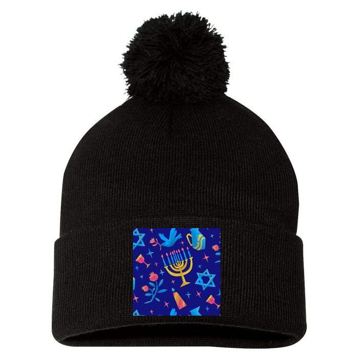Hanukkah Elements Pattern Pom Pom 12in Knit Beanie