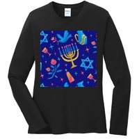 Hanukkah Elements Pattern Ladies Long Sleeve Shirt