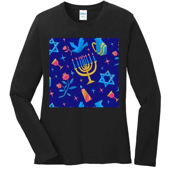 Hanukkah Elements Pattern Ladies Long Sleeve Shirt