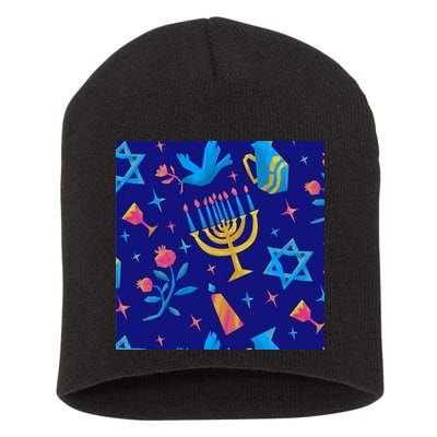 Hanukkah Elements Pattern Short Acrylic Beanie