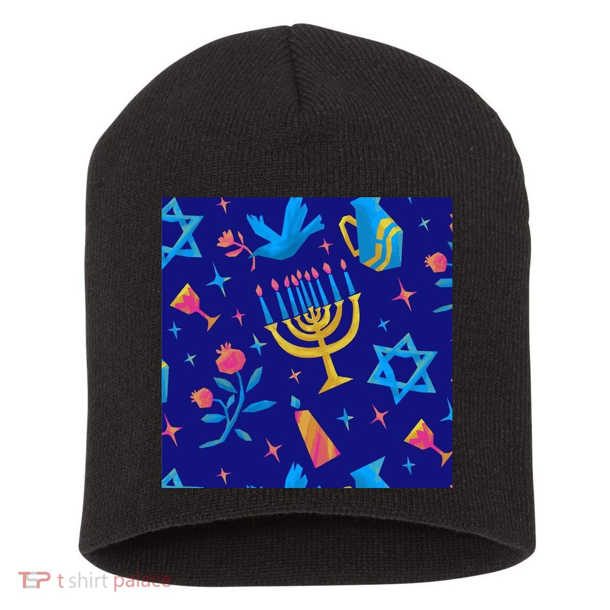 Hanukkah Elements Pattern Short Acrylic Beanie