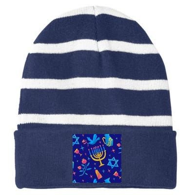 Hanukkah Elements Pattern Striped Beanie with Solid Band