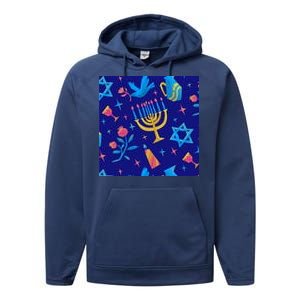 Hanukkah Elements Pattern Performance Fleece Hoodie