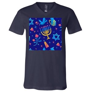 Hanukkah Elements Pattern V-Neck T-Shirt