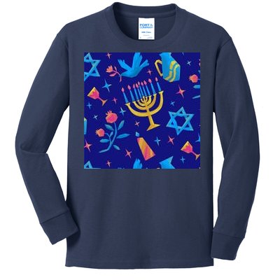 Hanukkah Elements Pattern Kids Long Sleeve Shirt