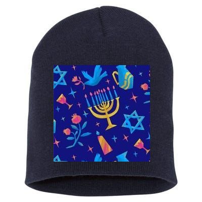 Hanukkah Elements Pattern Short Acrylic Beanie