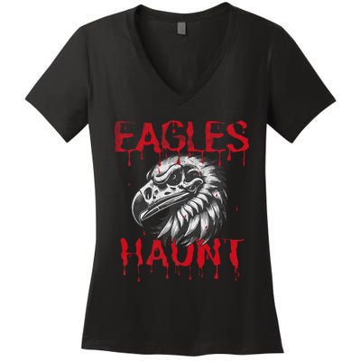 Halloween Eagle Pride Haunt Mascot School Spirit Skull Retro Women's V-Neck T-Shirt