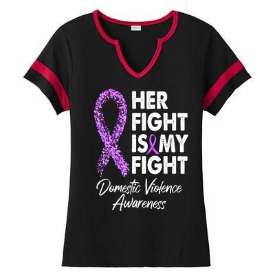 Her Fight is My Fight Domestic Violence Awareness Purple Ribbon Ladies Halftime Notch Neck Tee