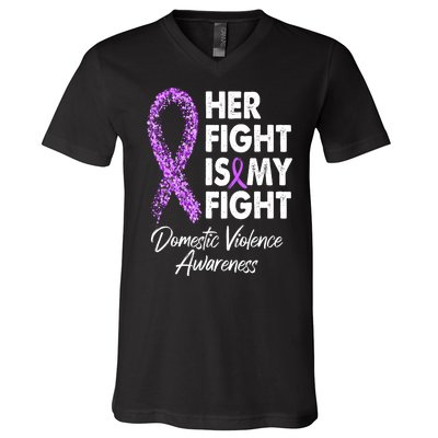 Her Fight is My Fight Domestic Violence Awareness Purple Ribbon V-Neck T-Shirt