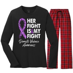 Her Fight is My Fight Domestic Violence Awareness Purple Ribbon Women's Long Sleeve Flannel Pajama Set 