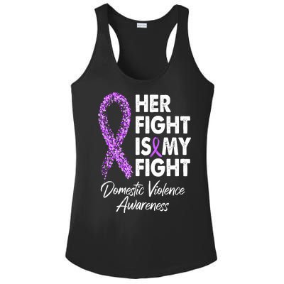 Her Fight is My Fight Domestic Violence Awareness Purple Ribbon Ladies PosiCharge Competitor Racerback Tank