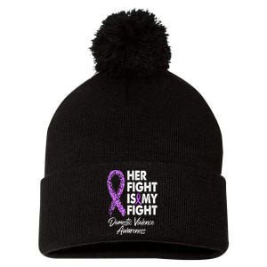 Her Fight is My Fight Domestic Violence Awareness Purple Ribbon Pom Pom 12in Knit Beanie