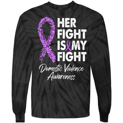 Her Fight is My Fight Domestic Violence Awareness Purple Ribbon Tie-Dye Long Sleeve Shirt