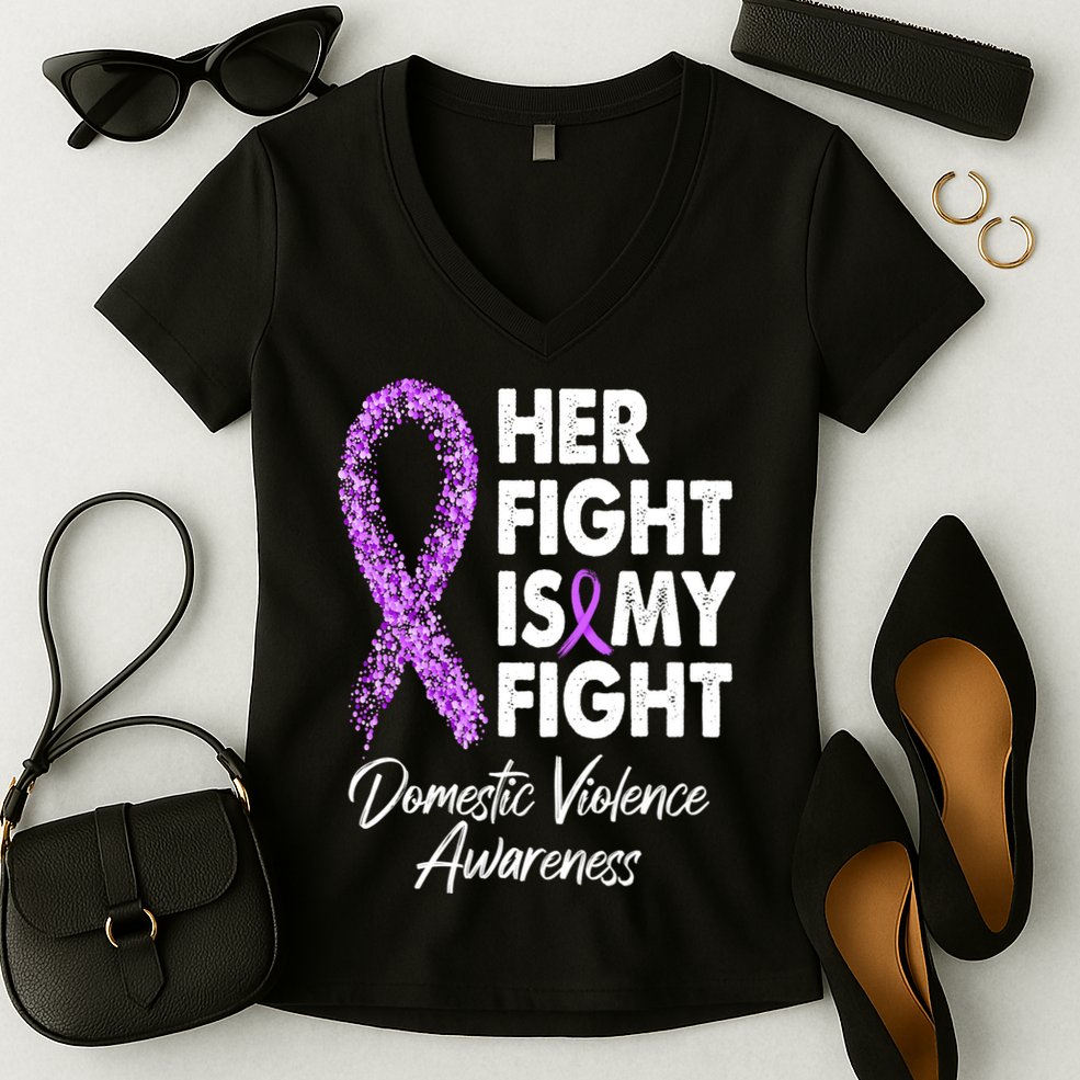 Her Fight is My Fight Domestic Violence Awareness Purple Ribbon Women's V-Neck T-Shirt